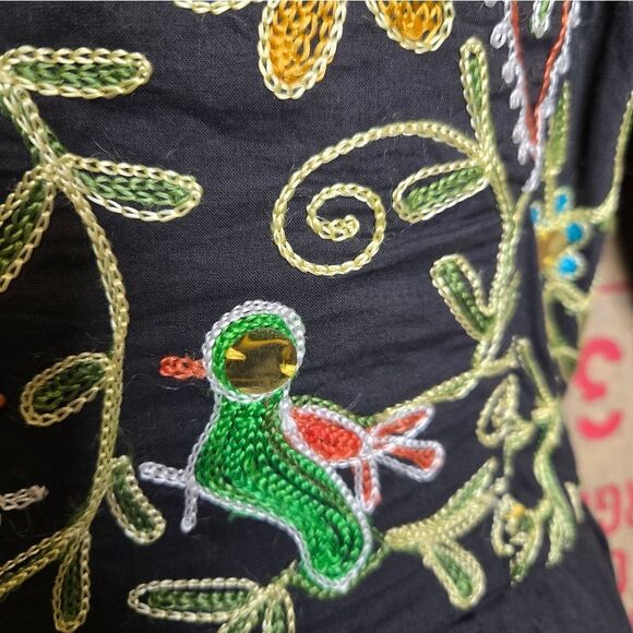 VINTAGE 90s black embroidered boho floral peasant lagenlook midi dress ‎ S - Picture 5 of 13